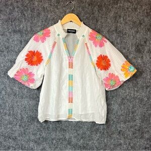 The Refinery Blouse Colorful Floral Embroidered Puff Sleeve Top Embroidery Sz M